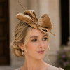 Large Velvet Bow Fascinator Head Piece Mini Domed Pillbox Hatinator Hat. Mini Round Satin Dome Minimalist Stunner 4 Colours - Champagne - Thumbnail Image 1