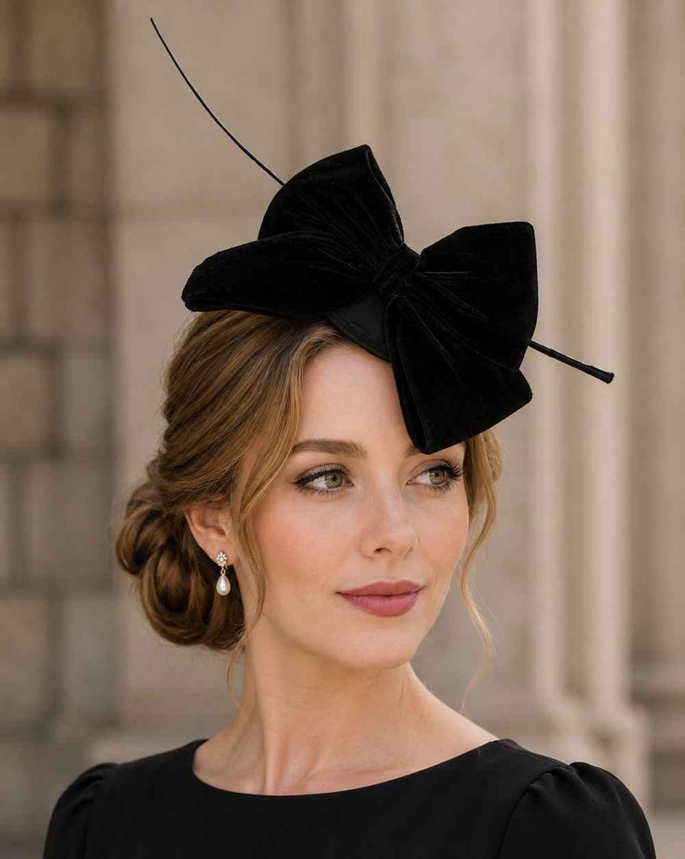 Large Velvet Bow Fascinator Head Piece Mini Domed Pillbox Hatinator Hat. Mini Round Satin Dome Minimalist Stunner 4 Colours - Black - Image 1