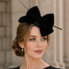 Large Velvet Bow Fascinator Head Piece Mini Domed Pillbox Hatinator Hat. Mini Round Satin Dome Minimalist Stunner 4 Colours - Black - Thumbnail Image 1