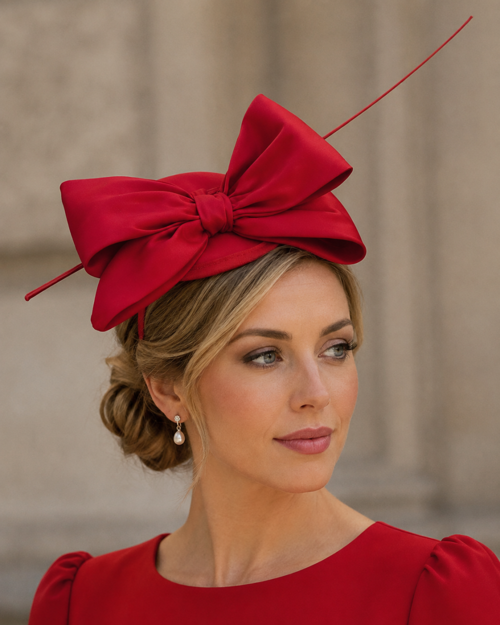 Mini Domed Single Bow Fascinator Hat in all Satin Fabric.Classic Minimalist Formal & Elegant Hatinator.6 Classic Colours – Classic Red - Image 1