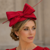 Mini Domed Single Bow Fascinator Hat in all Satin Fabric.Classic Minimalist Formal & Elegant Hatinator.6 Classic Colours – Classic Red - Thumbnail Image 1
