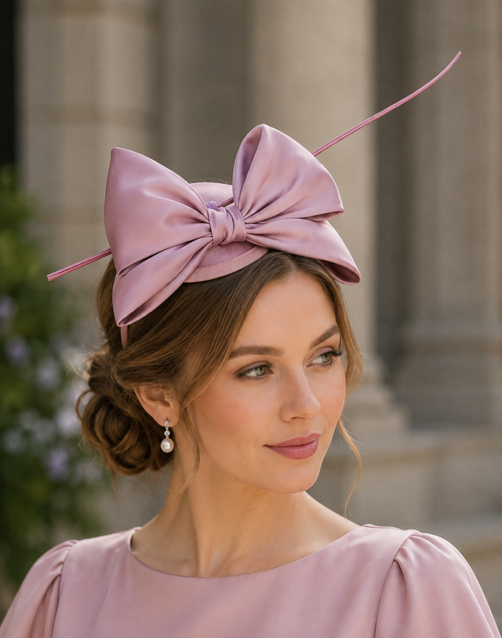 Mini Domed Single Bow Fascinator Hat in all Satin Fabric.Classic Minimalist Formal & Elegant Hatinator.6 Classic Colours – Dusky Heather Pink - Image 1