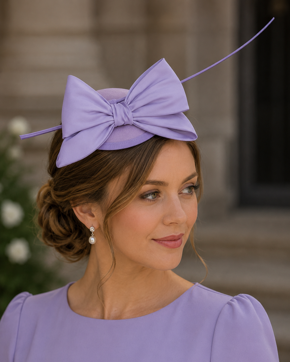 Mini Domed Single Bow Fascinator Hat in all Satin Fabric.Classic Minimalist Formal & Elegant Hatinator.6 Classic Colours – Lavender - Image 1