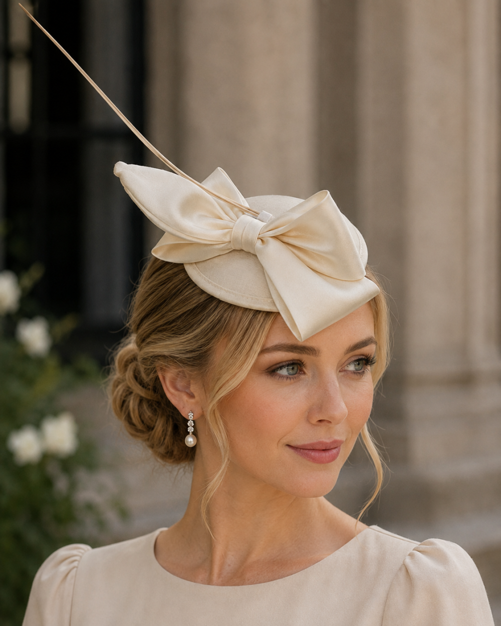 Mini Domed Single Bow Fascinator Hat in all Satin Fabric.Classic Minimalist Formal & Elegant Hatinator.6 Classic Colours – Ivory - Image 1