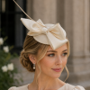 Mini Domed Single Bow Fascinator Hat in all Satin Fabric.Classic Minimalist Formal & Elegant Hatinator.6 Classic Colours – Ivory - Thumbnail Image 1