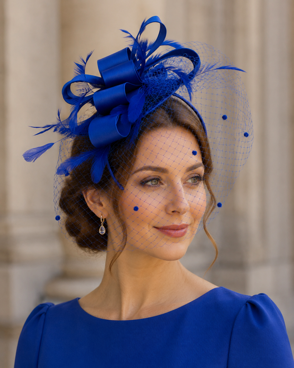 Statement Fascinator With Layered Satin Bows, Net Veil, Feather Plumes, Sinamay Fabric Base, 6 Stunning Colours - Royal Blue - Image 1