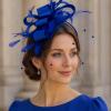 Statement Fascinator With Layered Satin Bows, Net Veil, Feather Plumes, Sinamay Fabric Base, 6 Stunning Colours - Royal Blue - Thumbnail Image 1