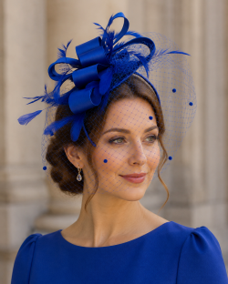 Statement Fascinator With Layered Satin Bows, Net Veil, Feather Plumes, Sinamay Fabric Base, 6 Stunning Colours - Royal Blue