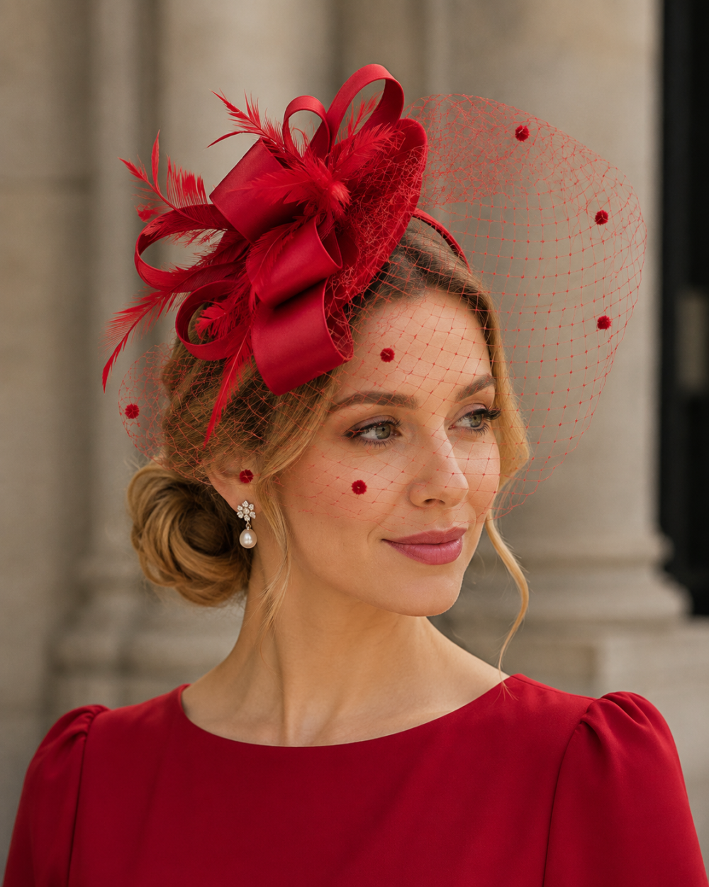 Statement Fascinator With Layered Satin Bows, Net Veil, Feather Plumes, Sinamay Fabric Base, 6 Stunning Colours - Red - Image 1