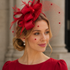 Statement Fascinator With Layered Satin Bows, Net Veil, Feather Plumes, Sinamay Fabric Base, 6 Stunning Colours - Red - Thumbnail Image 1