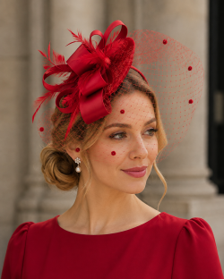 Statement Fascinator With Layered Satin Bows, Net Veil, Feather Plumes, Sinamay Fabric Base, 6 Stunning Colours - Red
