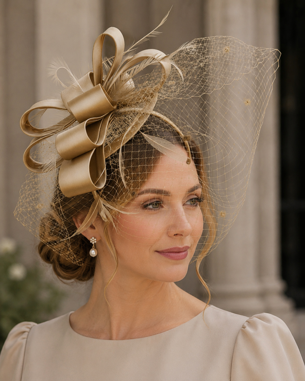 Statement Fascinator With Layered Satin Bows, Net Veil, Feather Plumes, Sinamay Fabric Base, 6 Stunning Colours - Champagne - Image 1