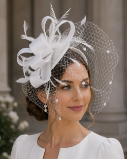 Statement Fascinator With Layered Satin Bows, Net Veil, Feather Plumes, Sinamay Fabric Base, 6 Stunning Colours - Off White