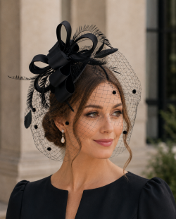 Statement Fascinator With Layered Satin Bows, Net Veil, Feather Plumes, Sinamay Fabric Base, 6 Stunning Colours - Black