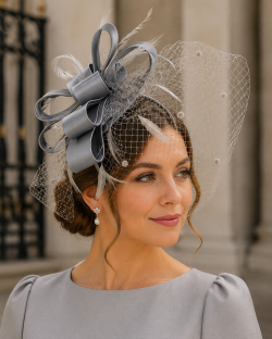 Statement Fascinator With Layered Satin Bows, Net Veil, Feather Plumes, Sinamay Fabric Base, 6 Stunning Colours - Med Grey