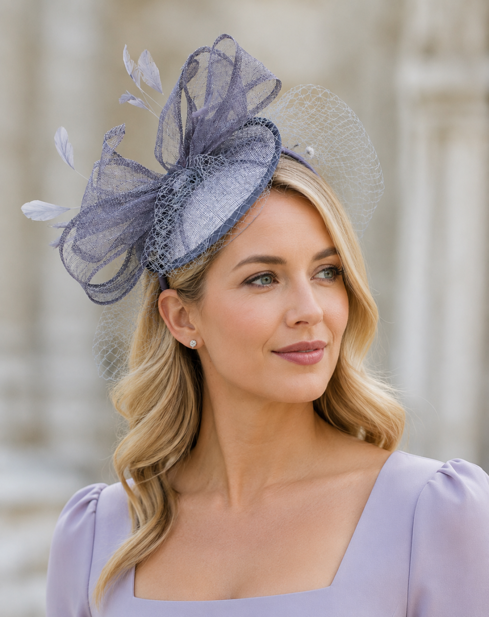 Large Veiled Fascinator in Structured Shapes, Sinamay Fabric on a Dome, Large Net Veil & Petite Feathers – Stunning! - Grey - Image 1