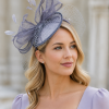 Large Veiled Fascinator in Structured Shapes, Sinamay Fabric on a Dome, Large Net Veil & Petite Feathers – Stunning! - Grey - Thumbnail Image 1