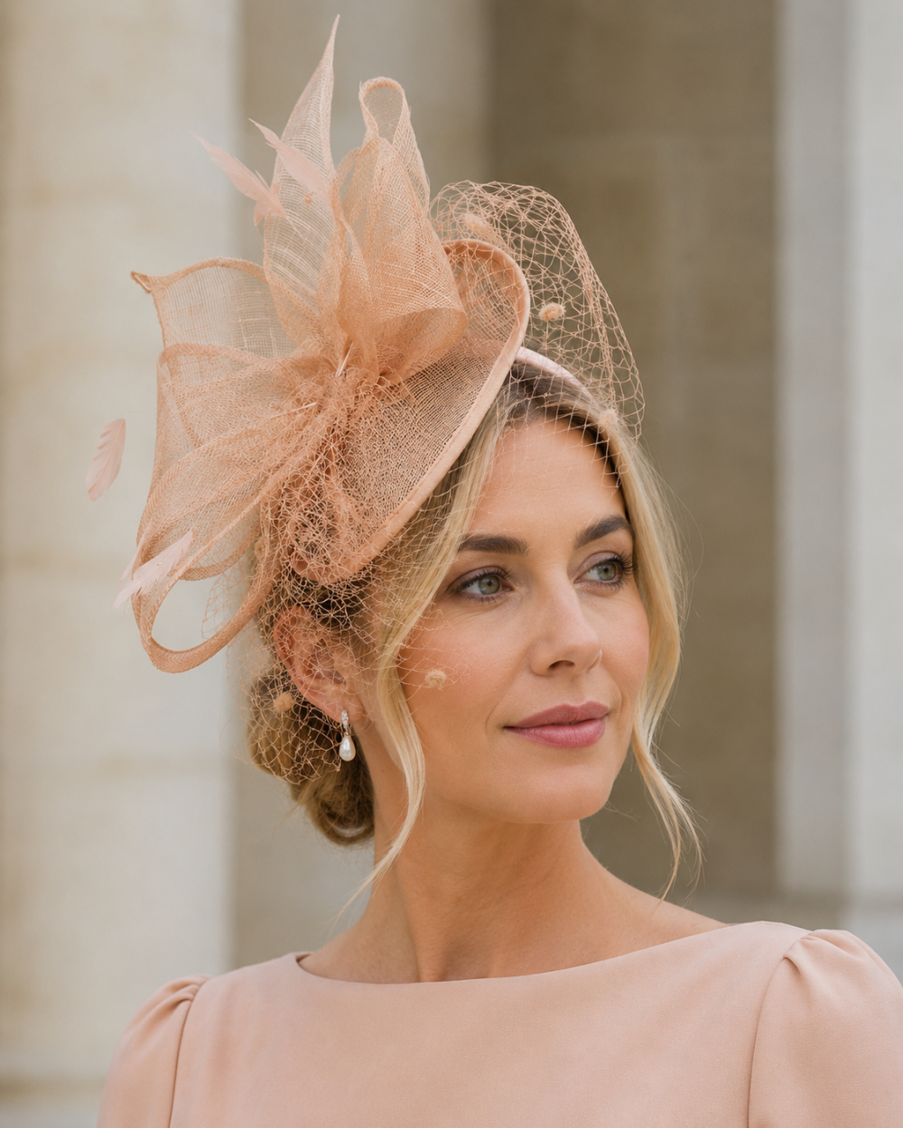 Large Veiled Fascinator in Structured Shapes, Sinamay Fabric on a Dome, Large Net Veil & Petite Feathers – Stunning! - Coral Peach - Image 1