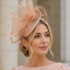 Large Veiled Fascinator in Structured Shapes, Sinamay Fabric on a Dome, Large Net Veil & Petite Feathers – Stunning! - Coral Peach - Thumbnail Image 1