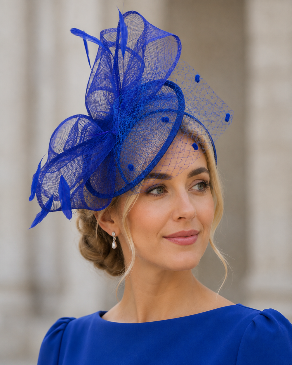 Large Veiled Fascinator in Structured Shapes, Sinamay Fabric on a Dome, Large Net Veil & Petite Feathers – Stunning! - Electric Blue - Image 1