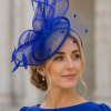 Large Veiled Fascinator in Structured Shapes, Sinamay Fabric on a Dome, Large Net Veil & Petite Feathers – Stunning! - Electric Blue - Thumbnail Image 1