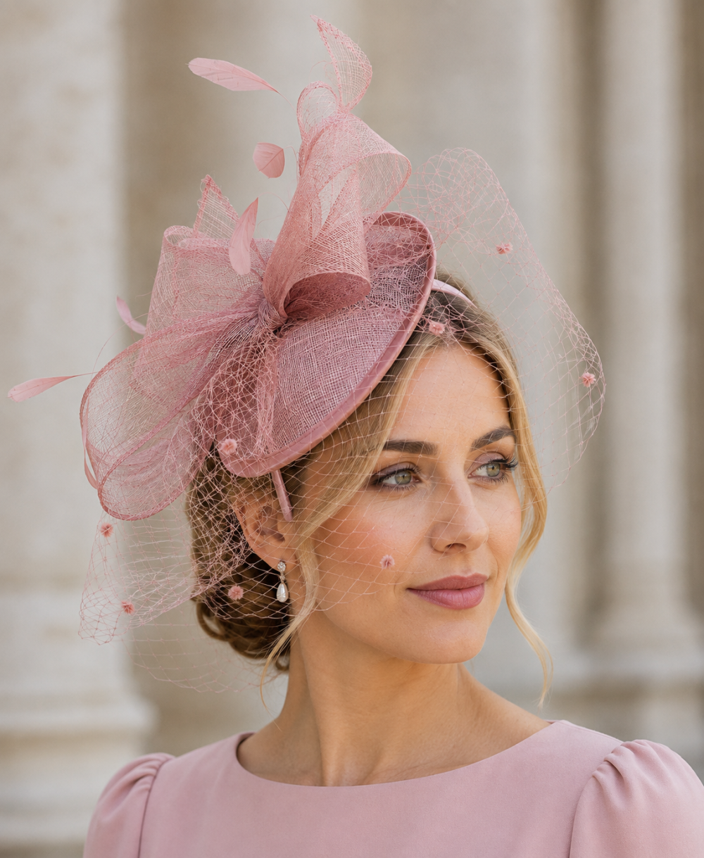 Large Veiled Fascinator in Structured Shapes, Sinamay Fabric on a Dome, Large Net Veil & Petite Feathers – Stunning! - Rosy Mauve - Image 1