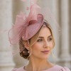 Large Veiled Fascinator in Structured Shapes, Sinamay Fabric on a Dome, Large Net Veil & Petite Feathers – Stunning! - Rosy Mauve - Thumbnail Image 1
