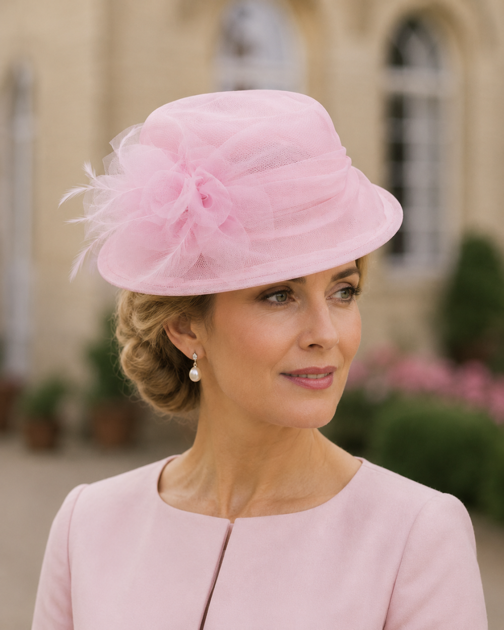 Light Organza Fascinator Headwear Hat, Mushroom-Dish Style, Soft Structured Layers Chiffon Brimmed, Foldable Crease Free - Light Pink - Image 1
