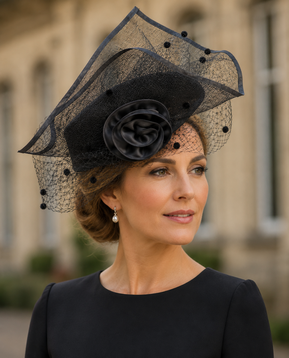 Fascinator Headwear in Structured Styling with Classic Pill Box Cap Sophisticated Folded Net Lapel & Corsage, 4 Colours - Black - Image 1