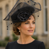 Fascinator Headwear in Structured Styling with Classic Pill Box Cap Sophisticated Folded Net Lapel & Corsage, 4 Colours - Black - Thumbnail Image 1