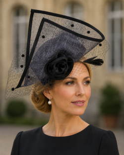 Fascinator Headwear in Structured Styling with Classic Pill Box Cap Sophisticated Folded Net Lapel & Corsage, 4 Colours - Grey/Black Mix