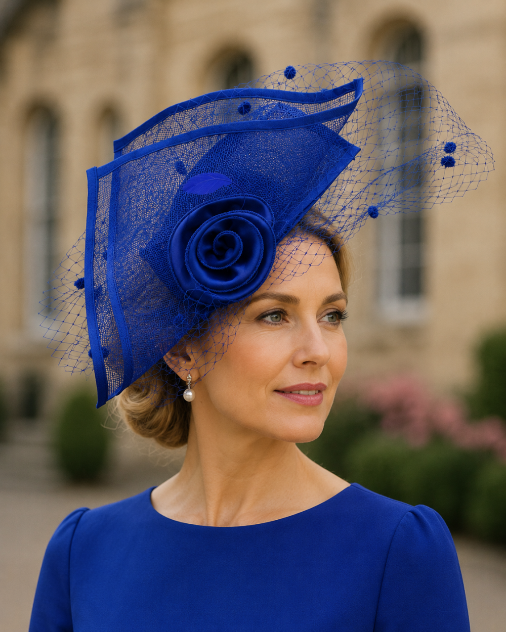 Fascinator Headwear in Structured Styling with Classic Pill Box Cap Sophisticated Folded Net Lapel & Corsage, 4 Colours - Electric Blue - Image 1