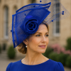 Fascinator Headwear in Structured Styling with Classic Pill Box Cap Sophisticated Folded Net Lapel & Corsage, 4 Colours - Electric Blue - Thumbnail Image 1
