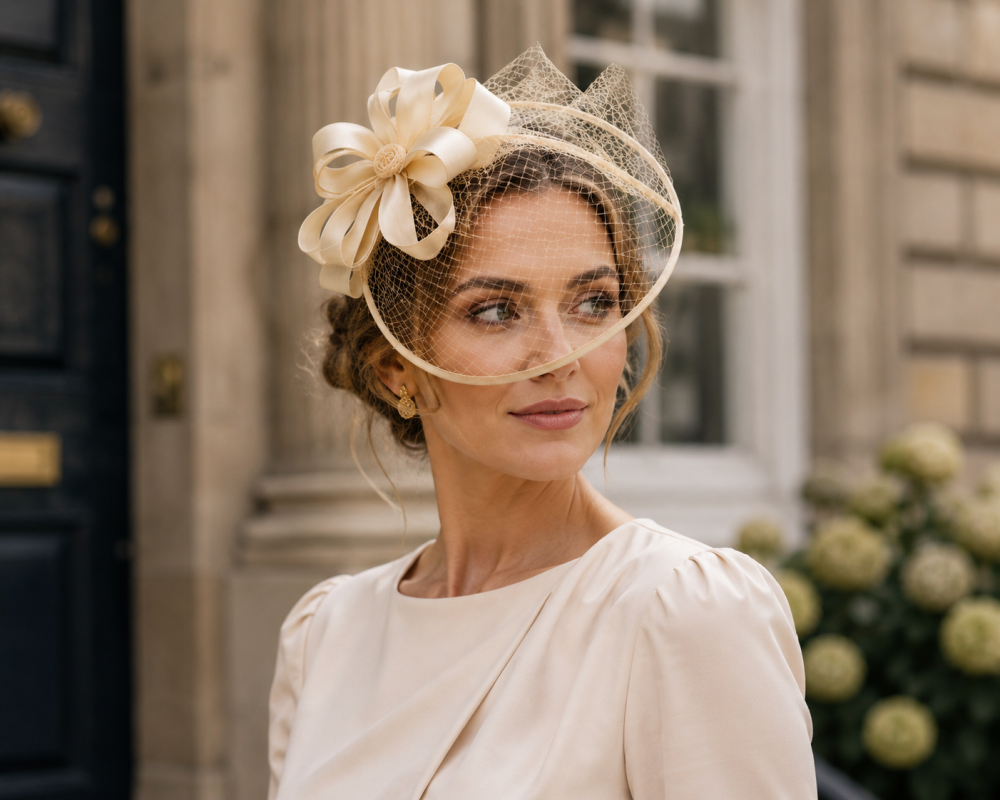 Wide Brim Statement Fascinator Headwear with Satin Structured Bows Corsage Minimalistic Bridal or Royal Ascot Hatinator - Buttercup Beige - Image 1