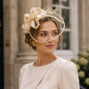 Wide Brim Statement Fascinator Headwear with Satin Structured Bows Corsage Minimalistic Bridal or Royal Ascot Hatinator - Buttercup Beige - Thumbnail Image 1
