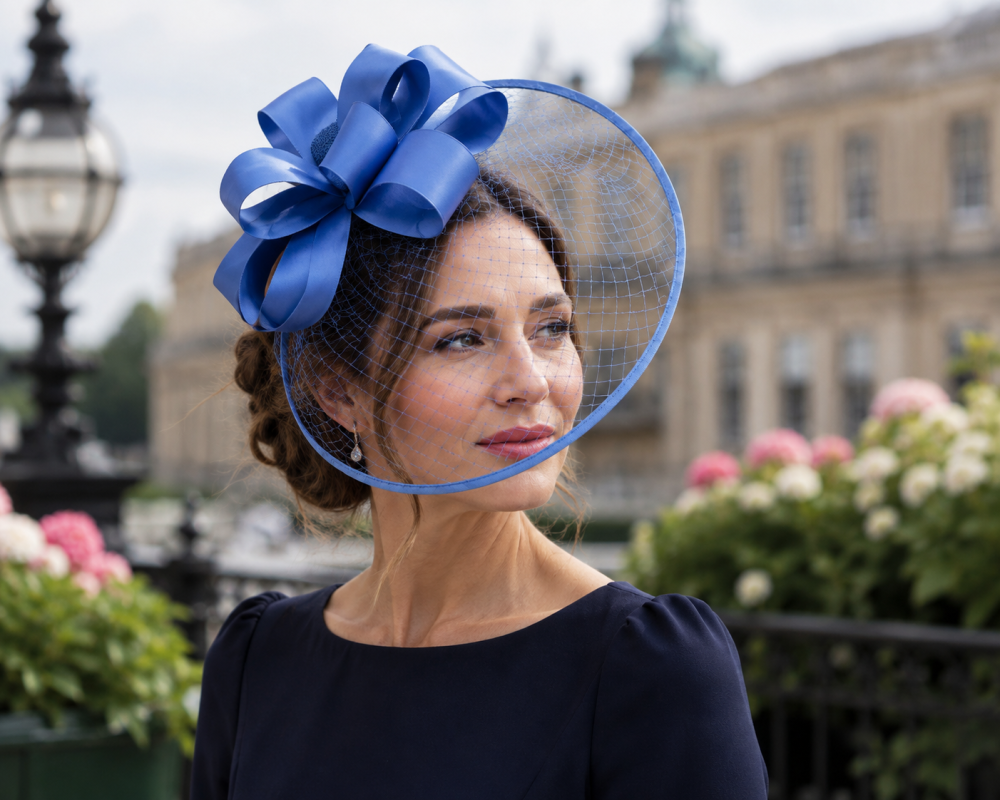 Wide Brim Statement Fascinator Headwear with Satin Structured Bows Corsage Minimalistic Bridal or Royal Ascot Hatinator - Porcelain Blue - Image 1
