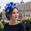 Wide Brim Statement Fascinator Headwear with Satin Structured Bows Corsage Minimalistic Bridal or Royal Ascot Hatinator - Porcelain Blue - Thumbnail Image 1
