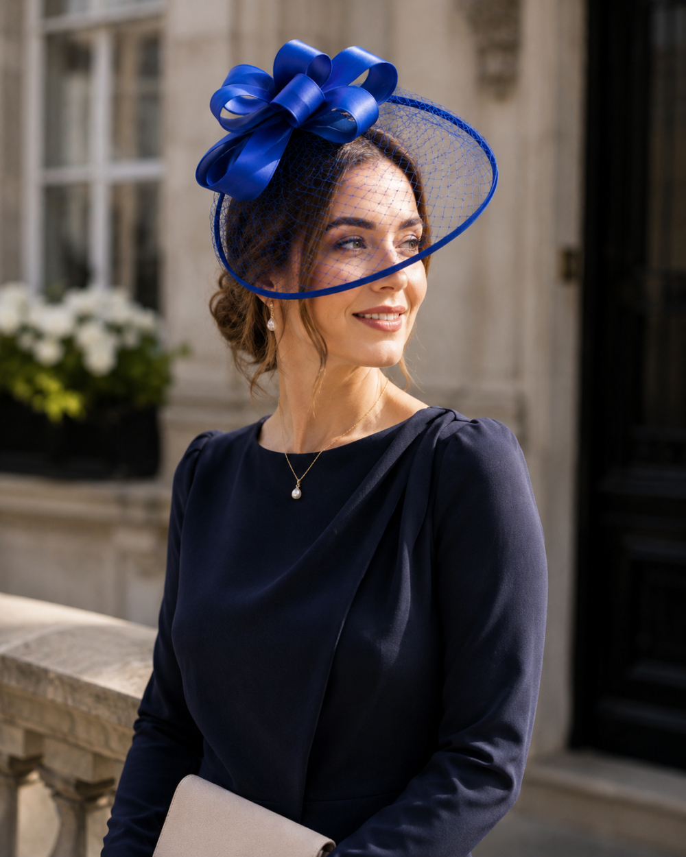 Wide Brim Statement Fascinator Headwear with Satin Structured Bows Corsage Minimalistic Bridal or Royal Ascot Hatinator - Electric Blue - Image 1