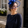 Wide Brim Statement Fascinator Headwear with Satin Structured Bows Corsage Minimalistic Bridal or Royal Ascot Hatinator - Electric Blue - Thumbnail Image 1