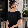 Wide Brim Statement Fascinator Headwear with Satin Structured Bows Corsage Minimalistic Bridal or Royal Ascot Hatinator - Black - Thumbnail Image 1