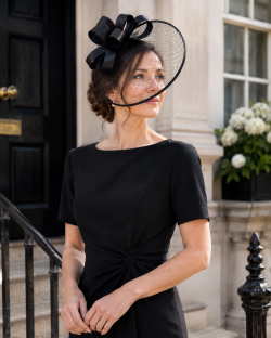 Wide Brim Statement Fascinator Headwear with Satin Structured Bows Corsage Minimalistic Bridal or Royal Ascot Hatinator - Black