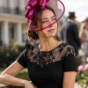 Wide Brim Statement Fascinator Headwear with Satin Structured Bows Corsage Minimalistic Bridal or Royal Ascot Hatinator - Cerise Pink - Thumbnail Image 1