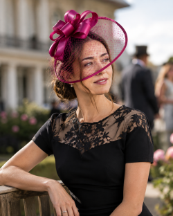 Wide Brim Statement Fascinator Headwear with Satin Structured Bows Corsage Minimalistic Bridal or Royal Ascot Hatinator - Cerise Pink