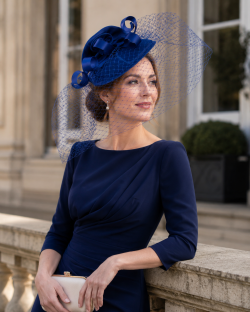 Statement Fascinator Headwear Veiled Net with Pillbox Base, Structured Satin Rose Corsage & Curls. Simple Elegant Solid Colour - Electric Blue