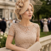 Statement Fascinator Headwear Veiled Net with Pillbox Base, Structured Satin Rose Corsage & Curls. Simple Elegant Solid Colour - Champagne - Thumbnail Image 1