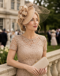 Statement Fascinator Headwear Veiled Net with Pillbox Base, Structured Satin Rose Corsage & Curls. Simple Elegant Solid Colour - Champagne