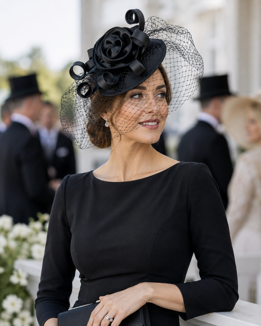 Statement Fascinator Headwear Veiled Net with Pillbox Base, Structured Satin Rose Corsage & Curls. Simple Elegant Solid Colour. Black - Image 1
