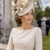 Statement Fascinator Headwear Veiled Net with Pillbox Base, Structured Satin Rose Corsage & Curls. Simple Elegant Solid Colour - Cream - Thumbnail Image 1