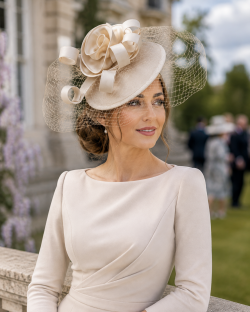 Statement Fascinator Headwear Veiled Net with Pillbox Base, Structured Satin Rose Corsage & Curls. Simple Elegant Solid Colour - Cream
