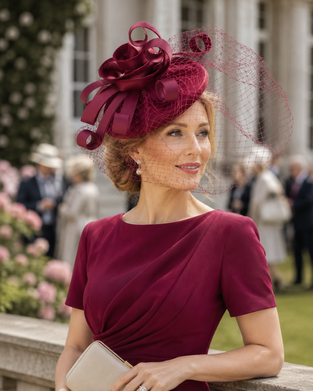 Statement Fascinator Headwear Veiled Net with Pillbox Base, Structured Satin Rose Corsage & Curls. Simple Elegant Solid Colour - Wine Burgundy - Image 1